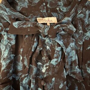 Parker Black Blouse with Blue Watercolor Print and Neck Tie